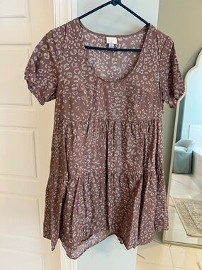 A New Day Mauve Leopard Print Tiered Scoop Neck Dress